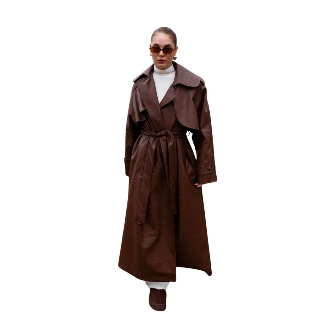 Brown Faux Leather Trench Coat with Belt – Brand New - Picture 6 of 8